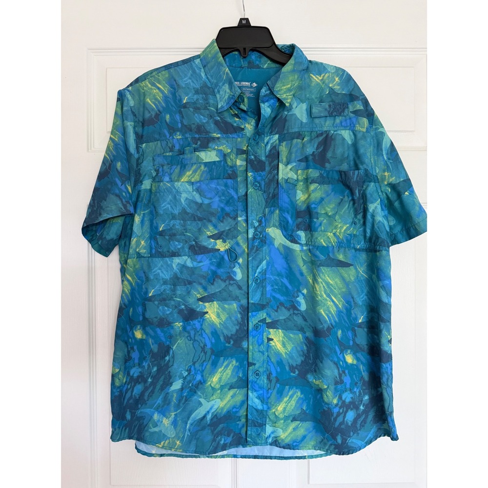 Reel Legends Saltwater II Blue Green Shark Print Fishing Shirt Womens Large L